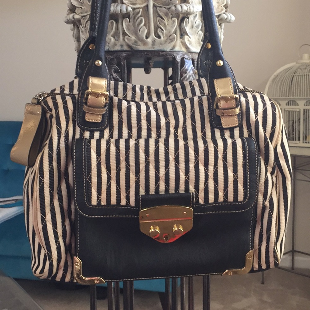 Striped Black and Cream Satchel Handbag